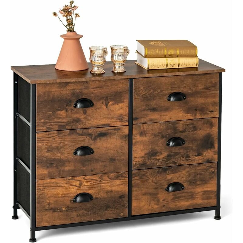 Commode Meuble de Rangement-6 Tiroirs en Tissu, 80 cm x 30 cm x 63 cm, Cadre en Métal, Surface en mdf, Brun Rustique&Noir - Costway