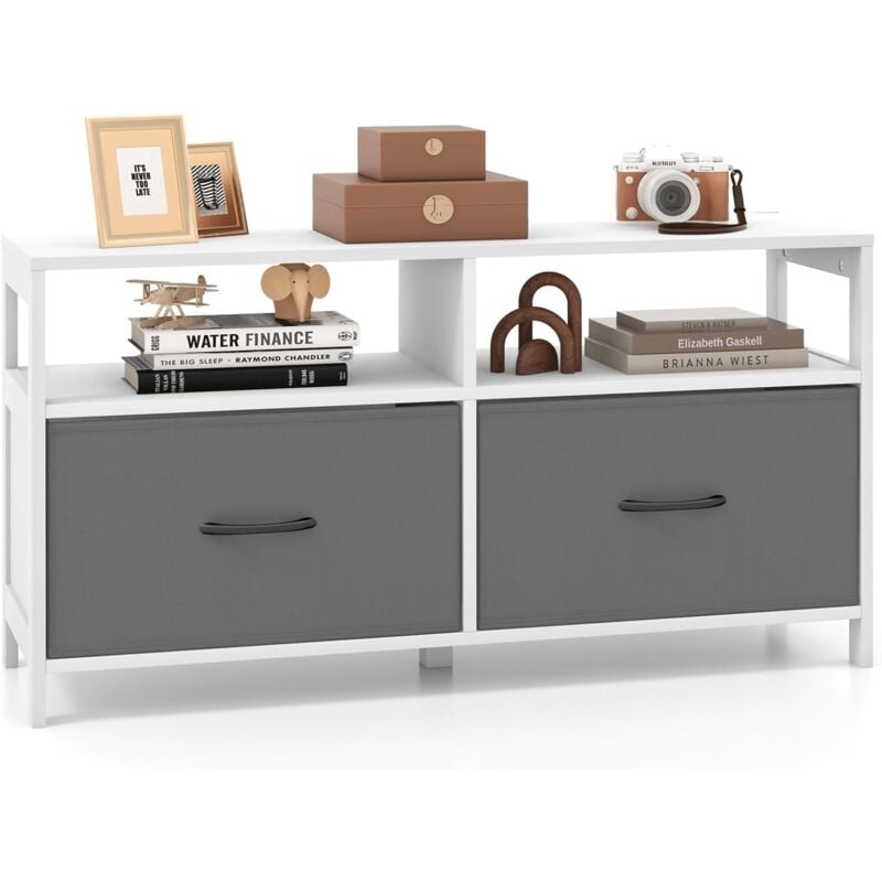 Commode Rangement 2 Tiroirs, Meuble tv avec 2 Grands Compartiments, Table tv pour 45' au Max, Tiroirs en Tissu Pliables, Commode Blanche pour