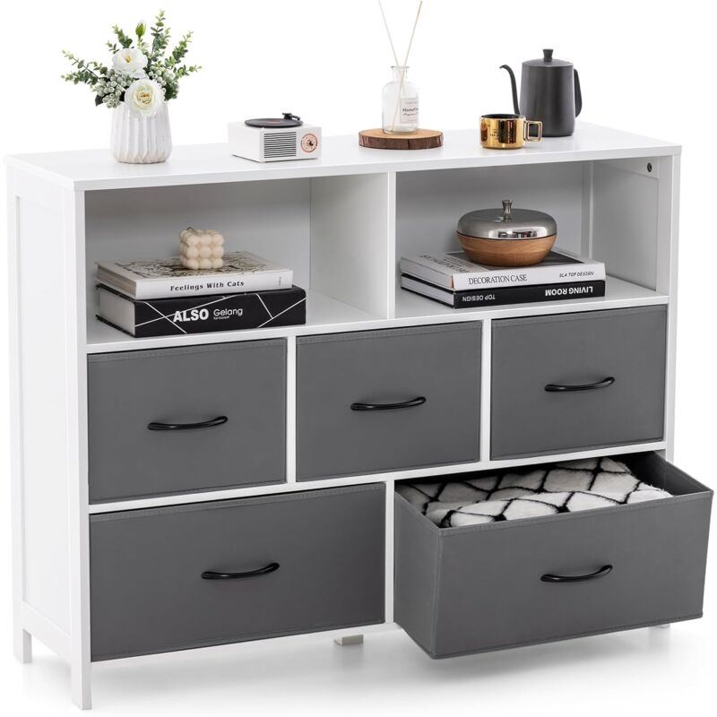COSTWAY Commode Rangement 5 Tiroirs, Chiffonnier avec 2 Grands Compartiments, Tiroirs en Tissu Pliables, Commode Blanche pour Chambre, Salon, 100 x
