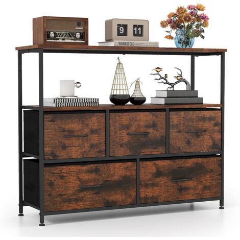 COSTWAY Comò con 5 Cassetti, Cassettiera con 2 Mensole Aperte in Legno e Struttura in Metallo, Unità Organizzatore per Conservazione per Ingresso e Soggiorno, 100×30×80 cm (Marrone)