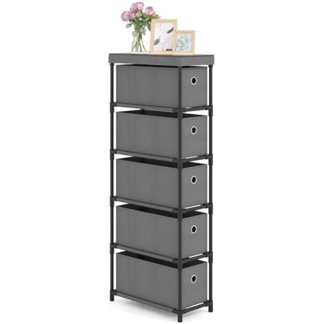 COSTWAY Comò con 5 Cassetti, Cassettiera Stretta in Tessuto con Struttura in Metallo e Legno, Torre Portaoggetti Salvaspazio, per Soggiorno, Camera da Letto e Corridoio (40 x 19 x 100 cm,Grigio)