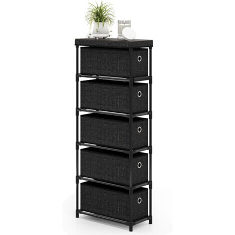 COSTWAY Comò con 5 Cassetti, Cassettiera Stretta in Tessuto con Struttura in Metallo e Legno, Torre Portaoggetti Salvaspazio, per Soggiorno, Camera da Letto e Corridoio (40 x 19 x 100 cm,Nero)