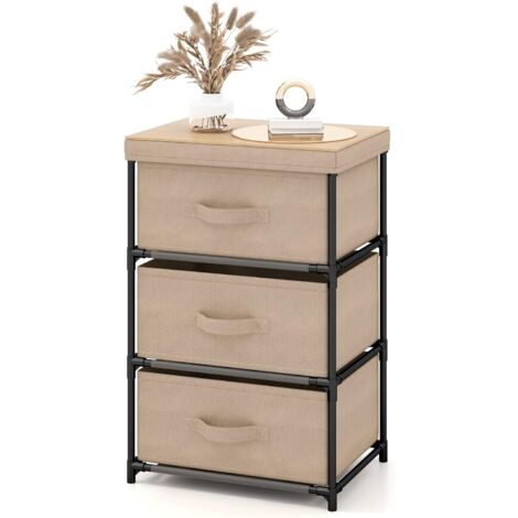 COSTWAY Cómoda de 3 Niveles de Tela, Mesilla de Noche de Tela con 3 Cajones, Unidad de Organización para con Estructura Metálica, Cómodas de Cajones para Dormitorio Pasillo y Entrada (Café)