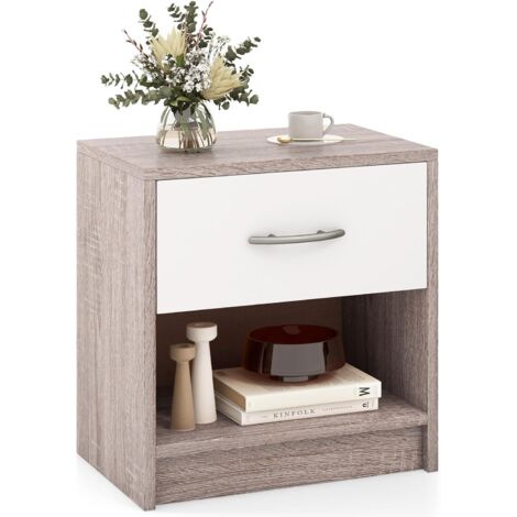 COSTWAY Comodino 38,5 x 28 x 40,5cm in Legno, Tavolino Salvaspazio con Scomparto Aperto e Casseto per Soggiorno e Camera da Letto (Naturale Chiaro+Bianco)