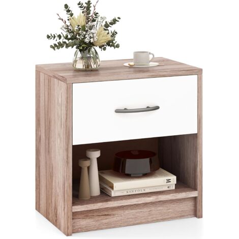 COSTWAY Comodino 38,5 x 28 x 40,5cm in Legno, Tavolino Salvaspazio con Scomparto Aperto e Casseto per Soggiorno e Camera da Letto (Naturale Scuro+Bianco)