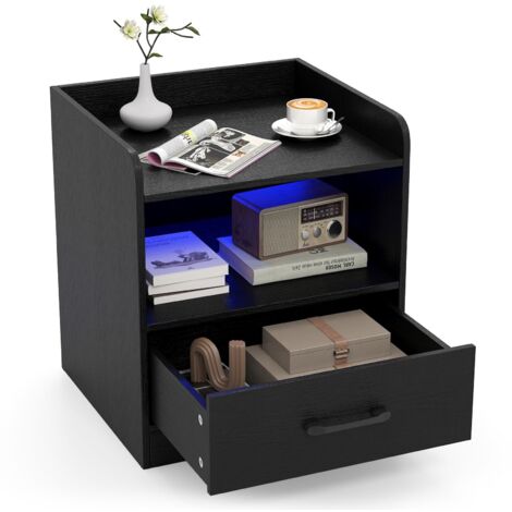 COSTWAY Comodino a 3 Livelli, Tavolino da Notte con Mensola Aperta e Cassetto Estraibile, Tavolino da Salotto con Luce, Telecomando, 44,5 x 40 x 50 cm, per Soggiorno e Camera da Letto