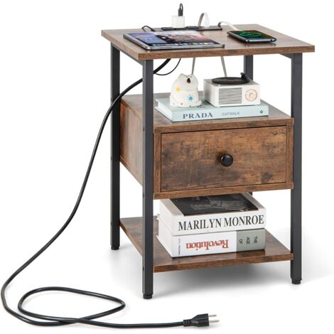 COSTWAY Comodino a 3 Piani con Stazione di Ricarica, Tavolino in Legno con Ripiani Aperti e Cassetto, Tavolino con Struttura in Metallo Robusto per Camera da Letto, Soggiorno e Studio, Naturale (1)