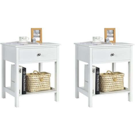 COSTWAY Comodino con Cassetto, Tavolino in Legno con 2 Livelli, Cassettiera da Letto Multifunzionale per Salone Camera da Letto Corridoio, 48 x 40 x 58 cm (Bianco, 2 Pezzi)