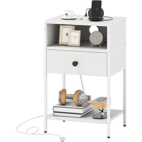COSTWAY Comodino con Stazione di Ricarica, Comò in Stile Industriale con Scomparto Aperto, Cassetto e Ripiano Inferiore, Tavolino da Divano Compatto per Camera da Letto e Soggiorno (Bianco,1)