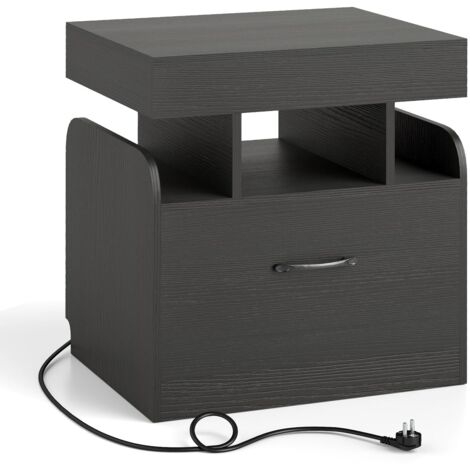 COSTWAY Comodino da Camera da Letto, Mobile Salvaspazio con Stazione di Ricarica, Cassetto, Vano Scorrevole, Vassoio e Ripiani Aperti, Comò per Soggiorno e Ufficio, 50 x 40 x 55 cm (Nero)