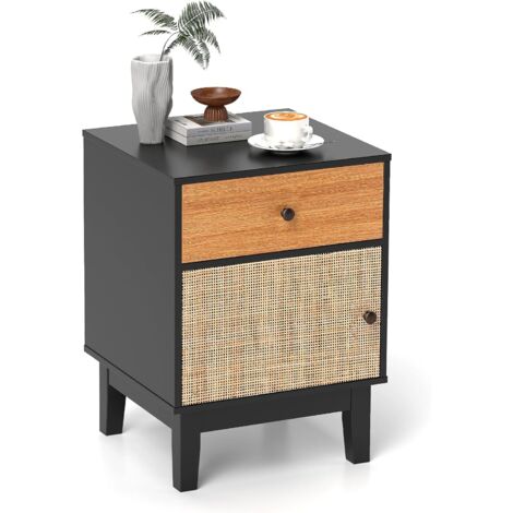 COSTWAY
 Comodino in Rattan 40 x 39 x 55 cm, Mobile Moderno con Cassetto, 
Armadietto e Gambe in Legno Massello, Tavolino in Stile Boemia per 
Camera da Letto, Soggiorno e Salotto, Naturale