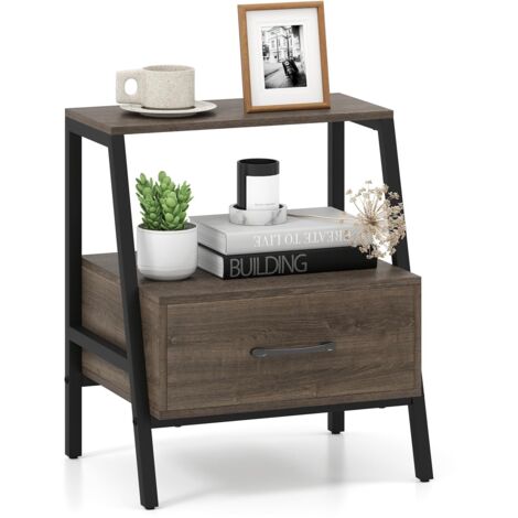 COSTWAY Comodino Moderno 45 x 35 x 52,5 cm, Tavolino da Letto a 3 Livelli con Ripiano Aperto e Telaio in Metallo Robusto per Camera da Letto, Ufficio e Soggiorno, Grigio