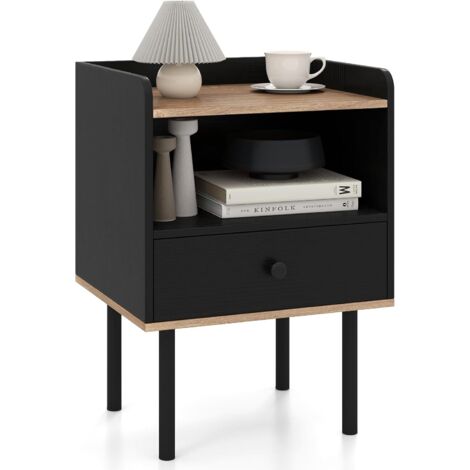 COSTWAY Comodino, tavolino con cassetto, ripiano aperto e gambe in metallo, comodino, consolle, comò per camera da letto, soggiorno, 40,5 x 35 x 56 cm (nero)