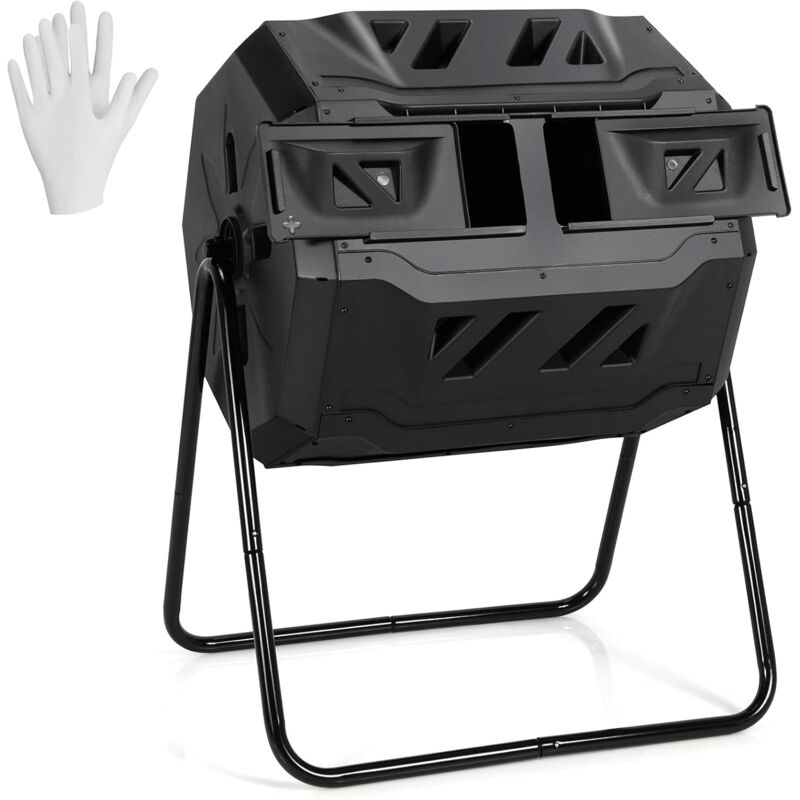 COSTWAY Composteur de Jardin Portable 160 L en PP avec Double Chambre Rotatif 2 Portes Coulissantes 2 Gants Syst&egrave;me d'A&eacute;ration Noir