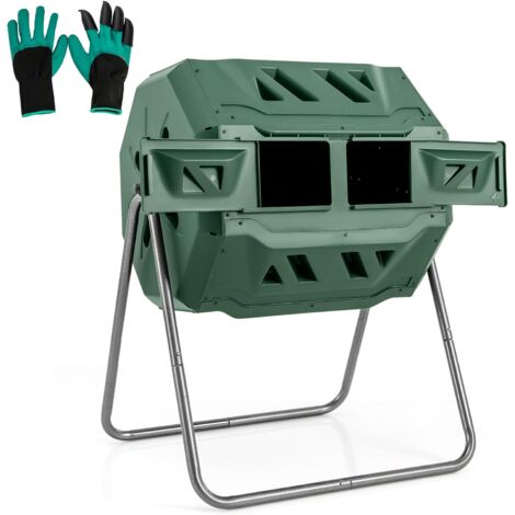 COSTWAY Compostiera da Giardino 160 L, Bidone per Compostaggio a Doppia Vasca con 2 Porte Scorrevoli e Telaio Metallico Robusto, Compostiera Rotante da Esterno a 360°Senza BPA (Verde)