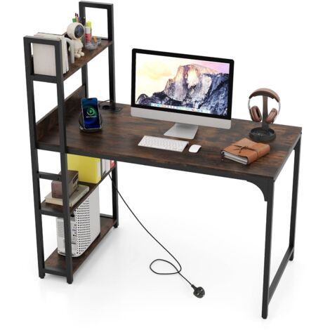 COSTWAY Computer Desk 120 CM Study Writing Desk with Power Strip-Brown