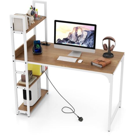 COSTWAY Computer Desk 120 CM Study Writing Desk with Power Strip-Natural