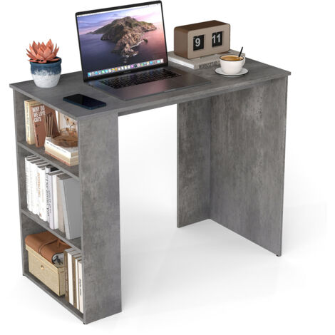 COSTWAY Computer Desk 90cm Study Desk Wooden Writing Desk w/Bookshelf-Grey