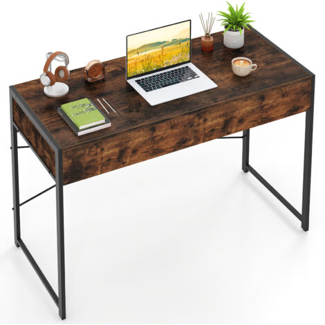 COSTWAY Computer Desk Compact Writing Desk with 2 Drawers-Brown