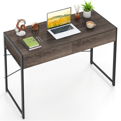 COSTWAY Computer Desk Compact Writing Desk with 2 Drawers-Gray