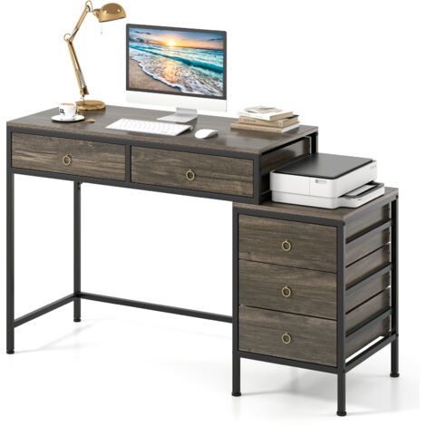 COSTWAY Computer Desk Home Office Desk w/ Side File Cabinet & 5 Drawers-Grey
