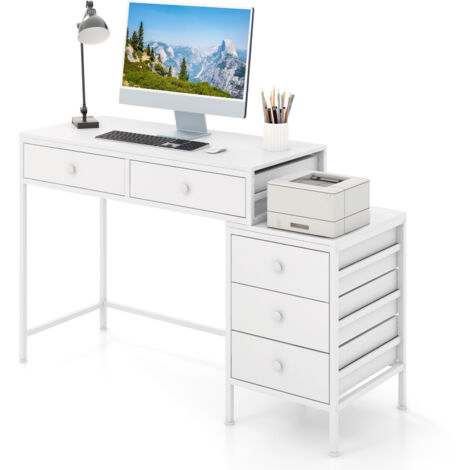 COSTWAY Computer Desk Home Office Desk w/ Side File Cabinet & 5 Drawers-White