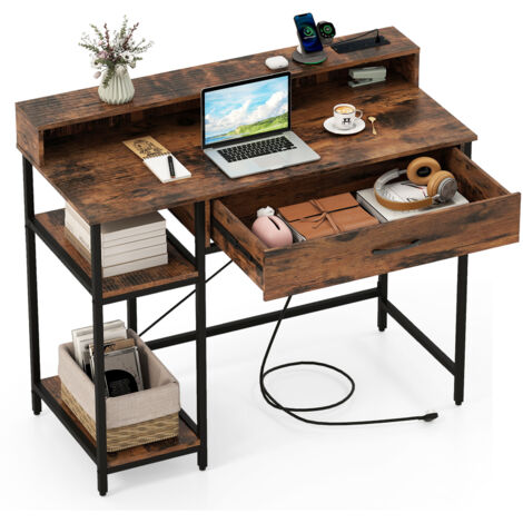 COSTWAY Computer Desk Home Office Desk with Top Shelf-Brown