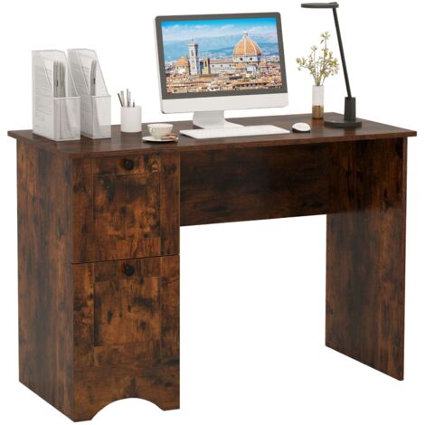 COSTWAY Computer Desk Home Office Writing Study Desk with 2 Drawers-Brown