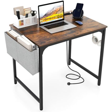 COSTWAY Computer Desk Small Home Office Desk w/ Charging Station-Brown