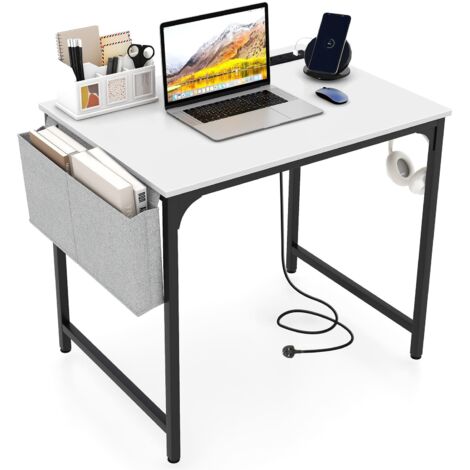 COSTWAY Computer Desk Small Home Office Desk w/ Charging Station-White
