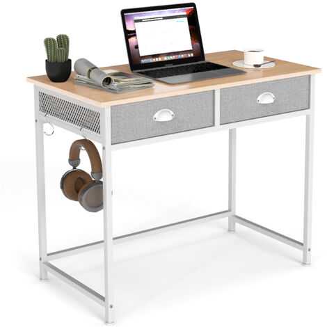 COSTWAY Computer Desk Space Saving Home Office Desk w/2 Fabric Drawers-Natural