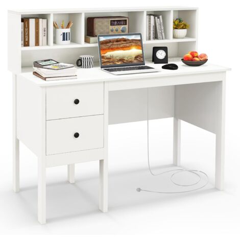 COSTWAY Computer Desk with Power Outlets and 5-Cubby Hutch White