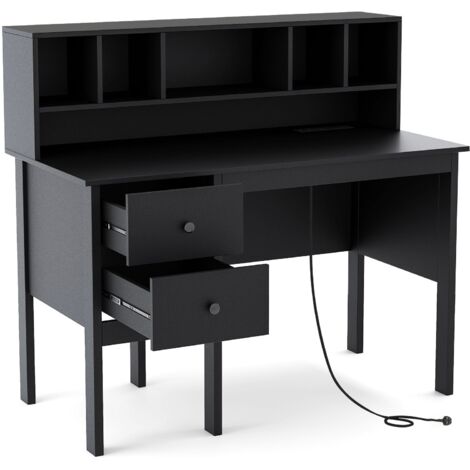 COSTWAY Computer Desk with Power Outlets and Hutch Black