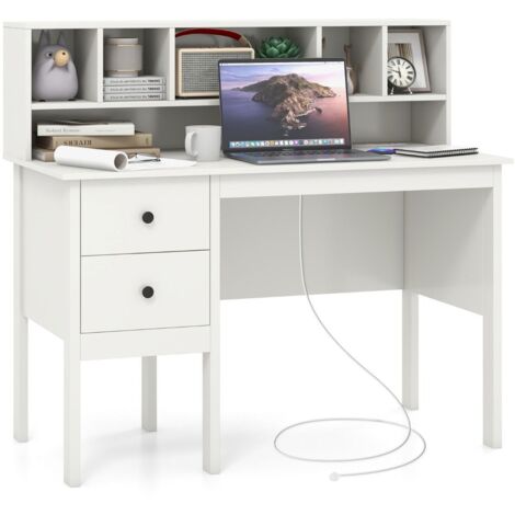 COSTWAY Computer Desk with Power Outlets and Hutch White