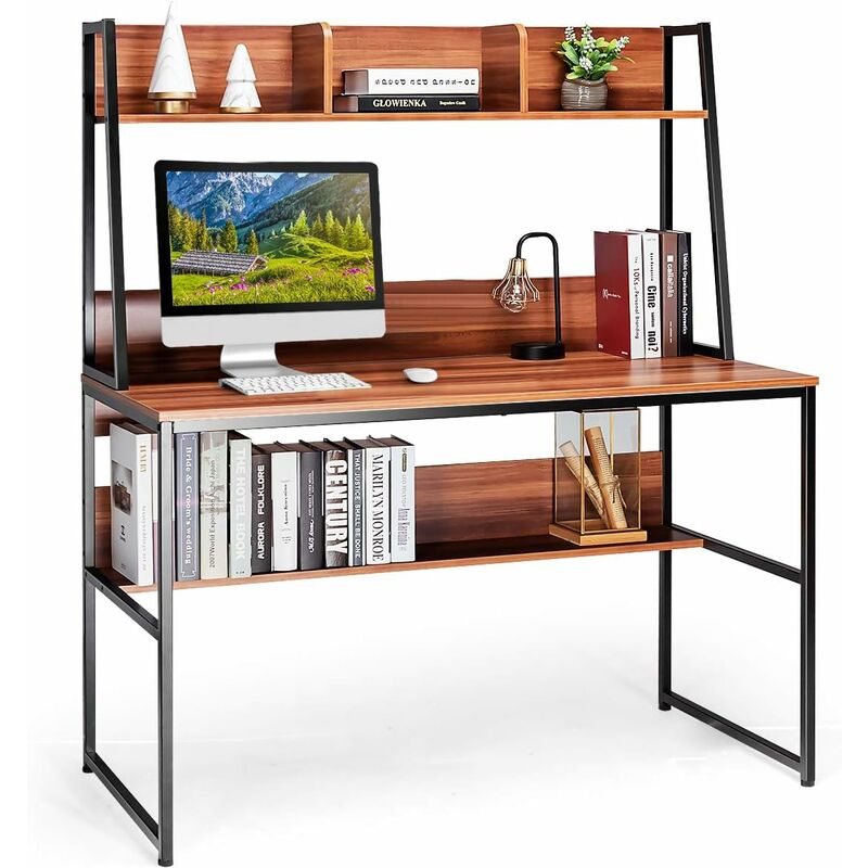 Computer Desk With Storage Bookshelf, 2-In-1 Workstation Pc Laptop Table, Home Office Work Study Writing Desk For Bedroom Living Room (Brown)