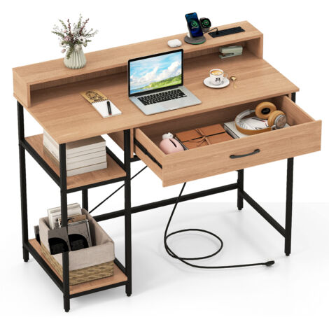 COSTWAY Computer Desk Writing Work Study Desk with Power Outlets-Natual