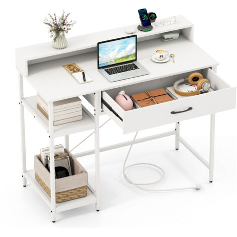 COSTWAY Computer Desk Writing Work Study Desk with Power Outlets-White