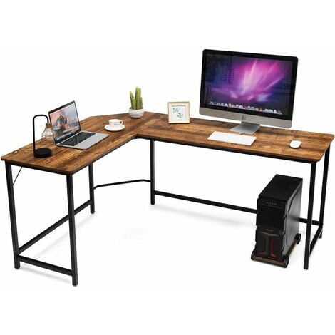 COSTWAY Computertisch mit CKunstleder-Ständer auf Rollen, L-förmig, Metallrahmen und  holz, 168 x 125 x 74 cm Kaffee