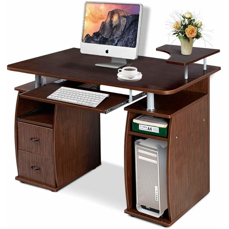 Costway - Computertisch Schreibtisch Buerotisch Arbeitstisch PC-Tisch mit Tastaturauszug Druckerablage Schubladen Walnuss