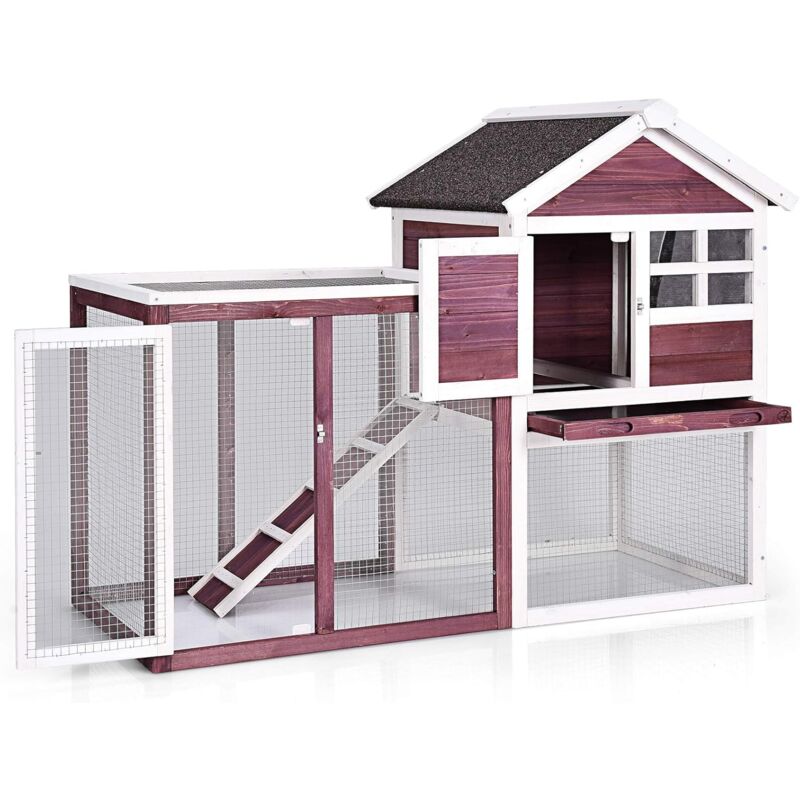 

Conejera, Jaula de Madera para Animales Pequeños con Techo de Asfalto Impermeable, Cobertizo con Bandeja Removible (Blanco y Rojo) - Costway