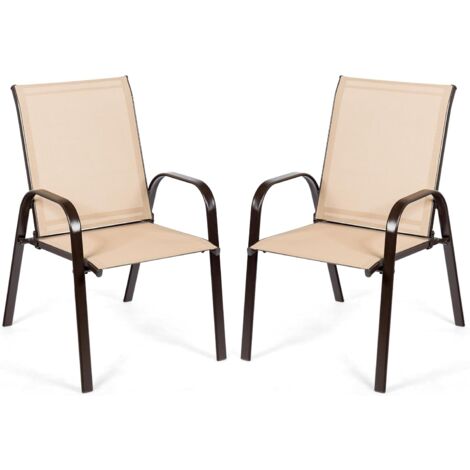 COSTWAY Conjunto de 2 Sillas Jardín Exterior Textilene, Sillas Terraza Exterior con Reposabrazos Curvos, Tela Fácil de Secar, Marco de Metal Reforzado, Asiento Ancho y Cómodo (Café)