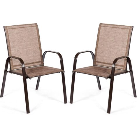 COSTWAY Conjunto de 2 Sillas Jardín Exterior Textilene, Sillas Terraza Exterior con Reposabrazos Curvos, Tela Fácil de Secar, Marco de Metal Reforzado, Asiento Ancho y Cómodo (Marrón)