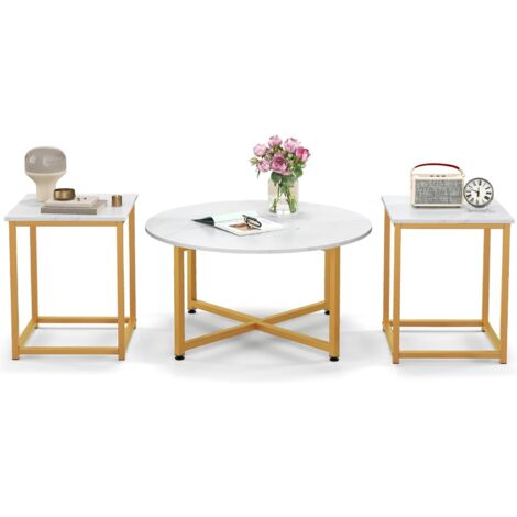 COSTWAY Conjunto de Mesa de Centro de 3 Piezas, Mesa Auxiliar Redonda y 2 Mesas de Centro Cuadradas con Estructura de Metal Resistente, Juego de 3 Mesas de Sala Modernas de 3 (Blanco y Dorado)