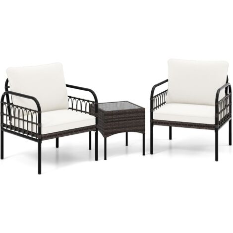 COSTWAY Conjunto Mesa y Sillas Jardin de 3Piezas, Conjunto Jardin Exterior de Mimbre, 2 Sillas Acolchadas, Mesa de Centro De Vidrio Templado, Muebles Jardin Exterior Terraza Balcon