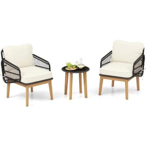 COSTWAY Conjunto Mesa y Sillas Jardin de Ratán 3 Piezas, 2 Sillas de Mimbre con Cojines Lavables, Mesa de Vidrio Templado, Marco de Madera Maciza, Muebles Conjunto Jardin Exterior Terreza