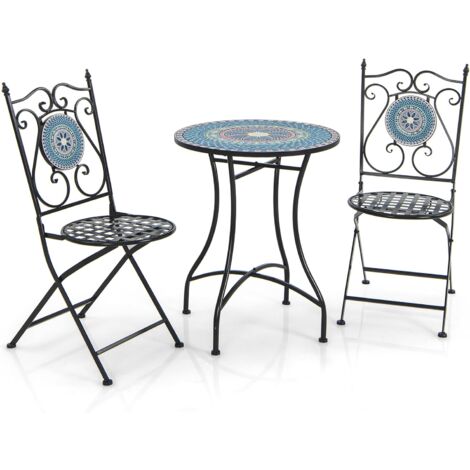 COSTWAY Conjunto Mesa y Sillas Jardin Plegable con Mosaico, 2 Sillas Jardin Plegables con Respaldo Decorativo Marco de Metal, Mesa Redonda Exterior Terraza, Mesa y Sillas Terraza Balcón