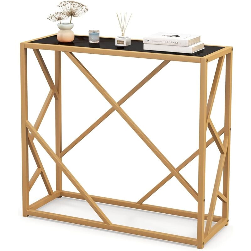 Costway - Console pour Entrée avec Plateau en Verre Trempé 80 cm, Table Console Cadre en Métal Doré, Design Géométrique, Console Meuble Moderne pour