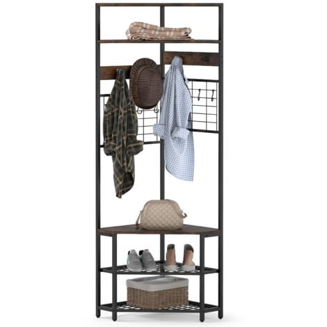 COSTWAY Corner Hall Tree Hallway 5-Tier Coat Rack w/Shoe Storage Bench-Coffee