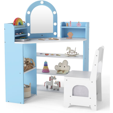 COSTWAY Corner Kids Vanity Princess Vanity Table & Chair Set with Lights-White