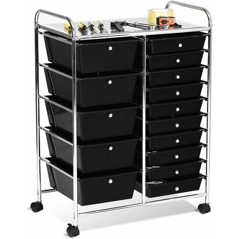 COSTWAY COSTWAY Chariot de Rangement Desserte à Roulettes Tour de Rangement en Acier avec 1 Etagère 15 Tiroirs pour Salon Cuisine Chambre